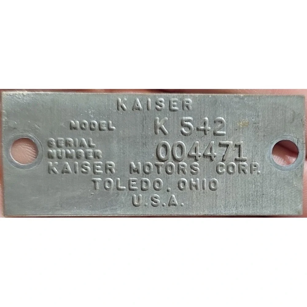 1954 Kaiser Motors Corp Manhattan Data Plate Body Tag